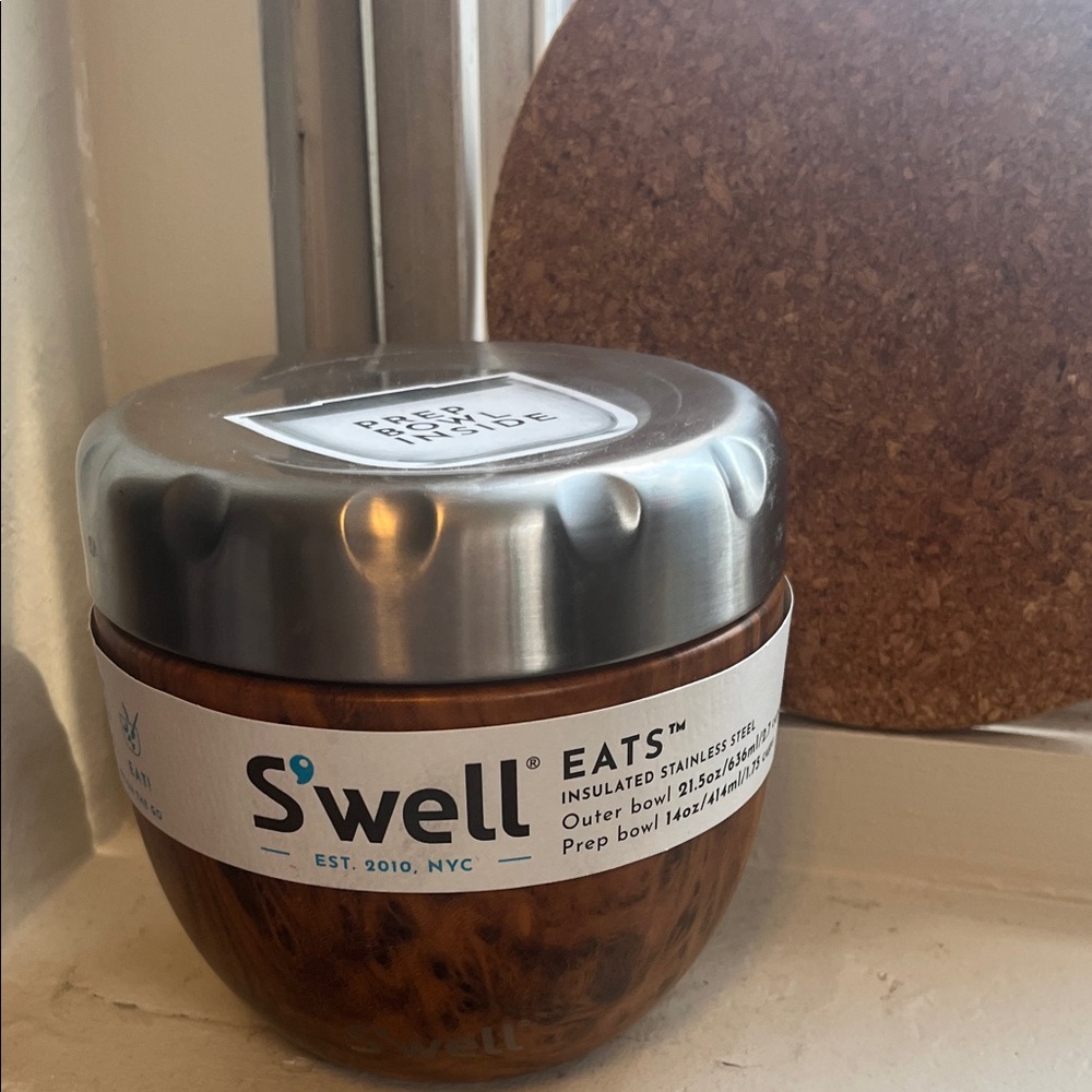 S'well Eats Stainless Steel Bowl with Silver Lid and Brown Base